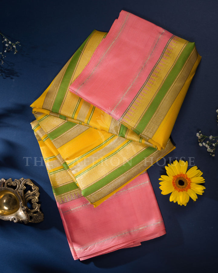 Handloom Kanjivaram Silk Saree in Yellow and Peach  - TSH250195