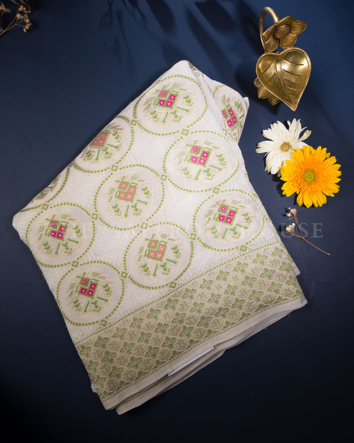 Ivory Kadwa Khaddi Georgette Banarasi Saree with Floral and Mandala Motifs