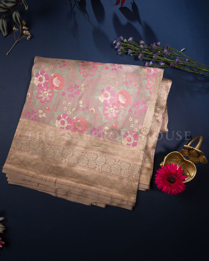 Dusty Mauve Katan Silk Banarasi Saree with Floral Kadwa Weave and Gold Zari Border