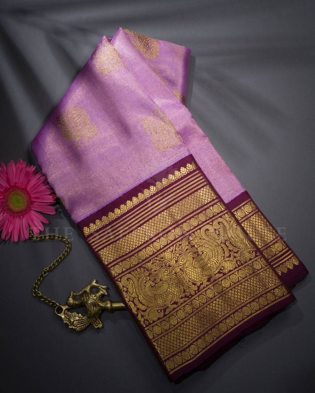 Lailac And Chocolate Brown Handwoven Kanjivaram Silk Saree - TSH2506067-View one
