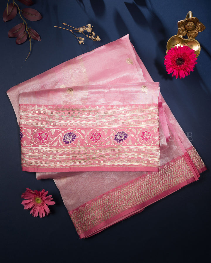 Rose Pink and Violet Floral Kora Banarasi Saree with Gold Zari