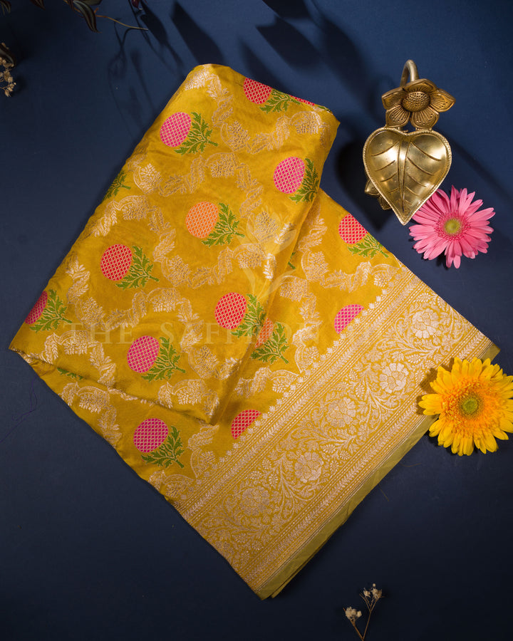 Kathan Banarasi Silk Saree in Mustard with Meenakari Marigold Motifs & Floral Jaal - TSH250230