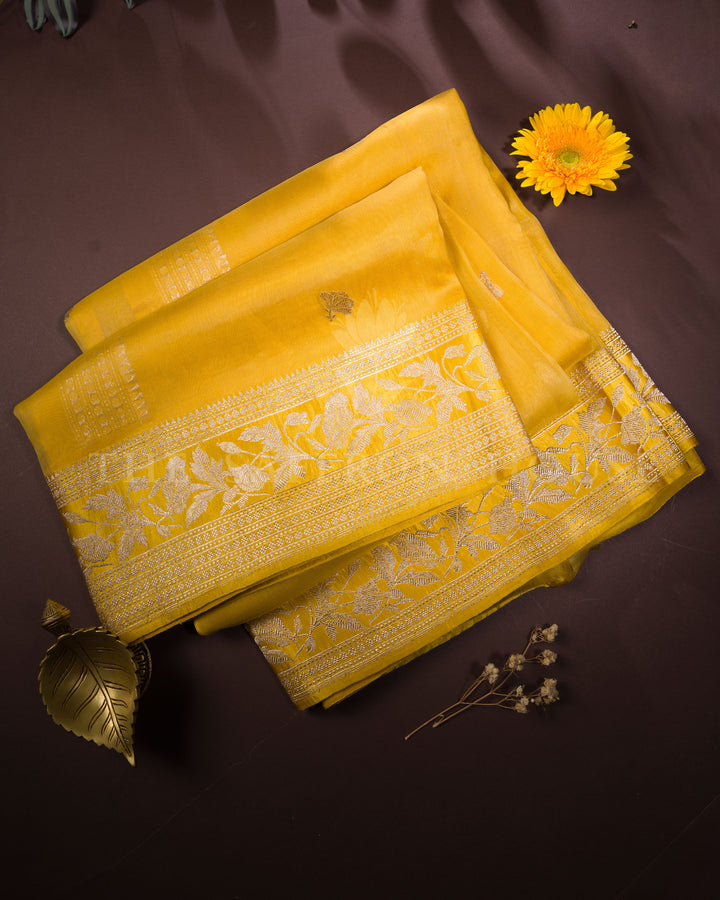 Marigold Yellow Kora Banarasi Saree with Silver Zari Floral Vines