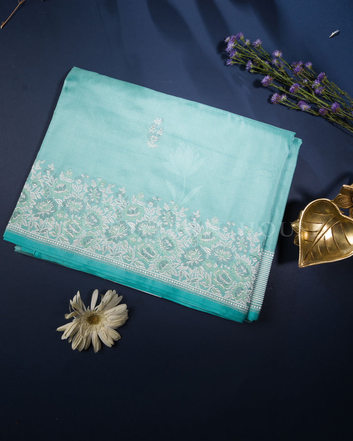 Kathan Banarasi Silk Saree in Seafoam Blue with Silver Zari Floral Meenakari Jaal