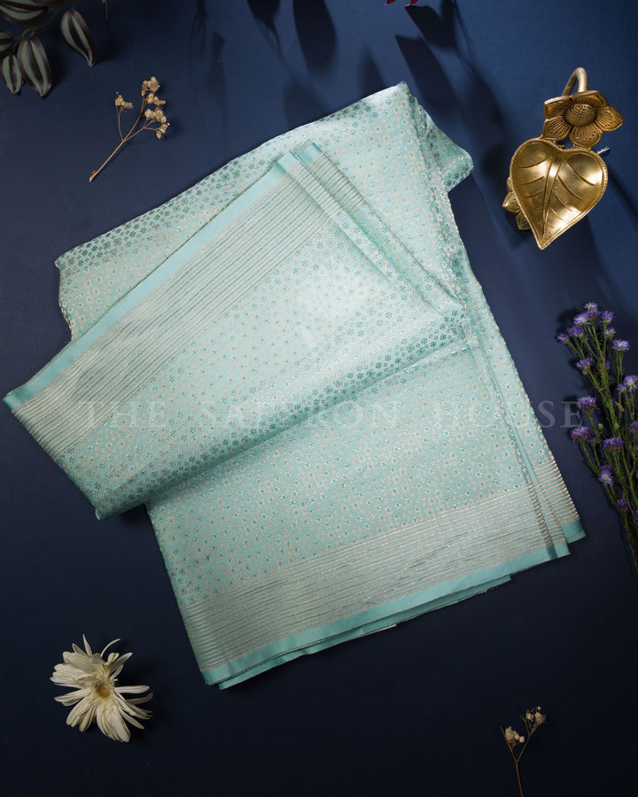 Aqua Blue Mashru Banarasi Saree with Zari Butis and Chevron Pallu