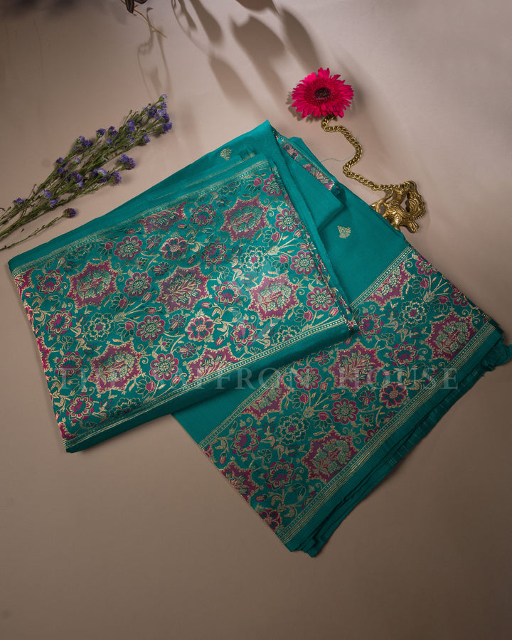 Teal Banarasi Tussar Georgette Saree with Rani Pink Zari Floral Jaal