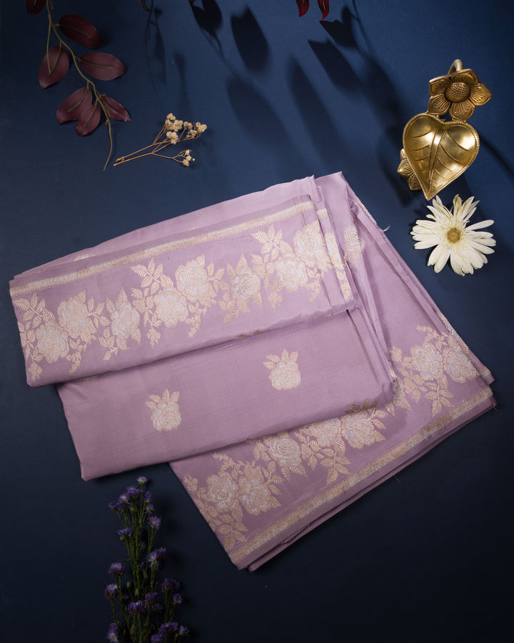 Lavender Mashru Banarasi Saree with Rose Gold Butis and Floral Zari Border