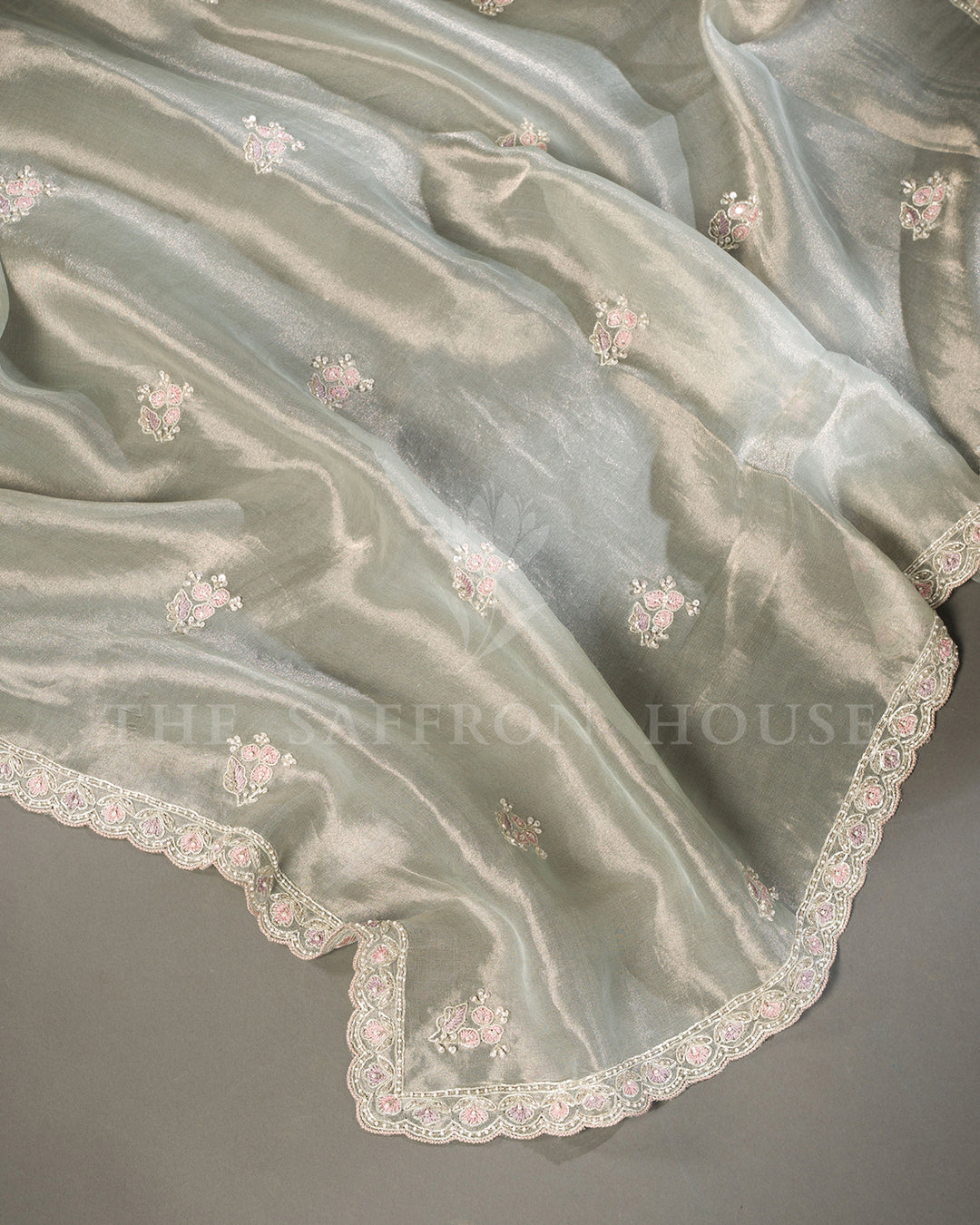 Sage Grey Tissue Organza Saree with Pink Floral Sequin Embroidery & Scalloped Lace Border