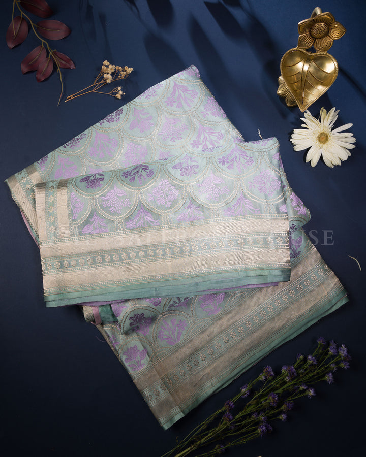 Icy Blue Mashru Banarasi Saree with Lilac Zari Floral Medallions