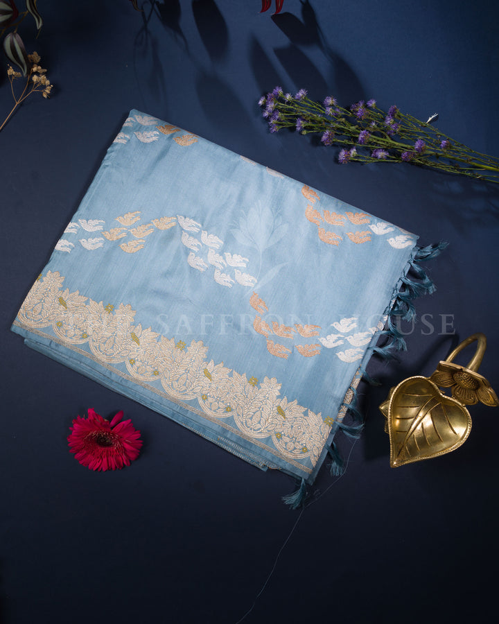 Sky Blue Katan Meenakari Banarasi Saree with Flying Bird Motifs and Jungle Border
