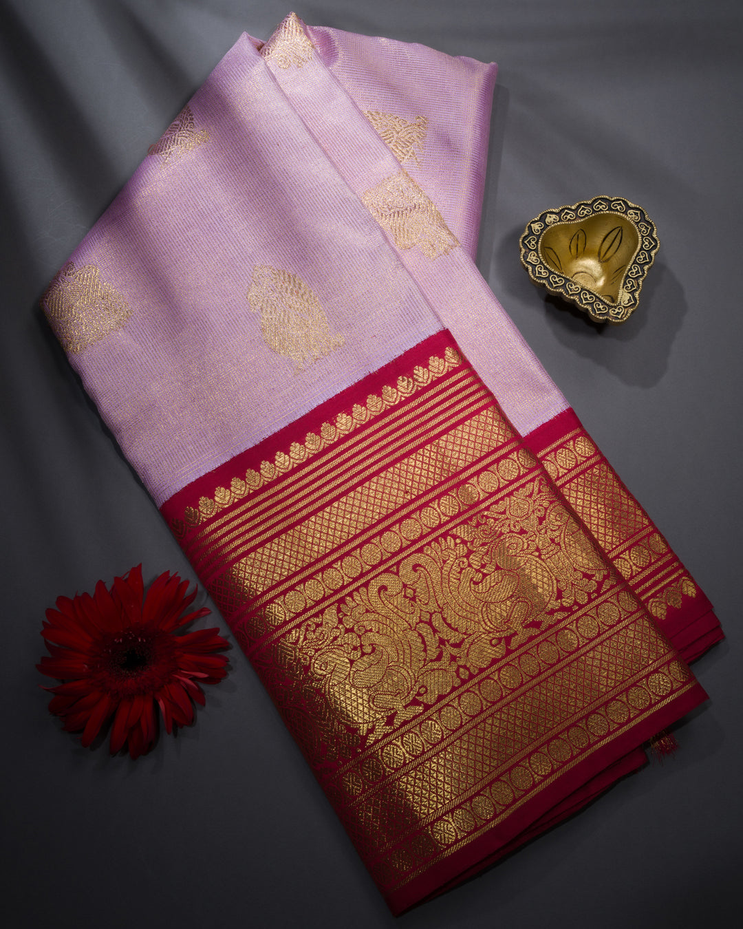 Lavender Pink And Maroon Handwoven Kanjivaram Silk Saree - TSH250094-View1