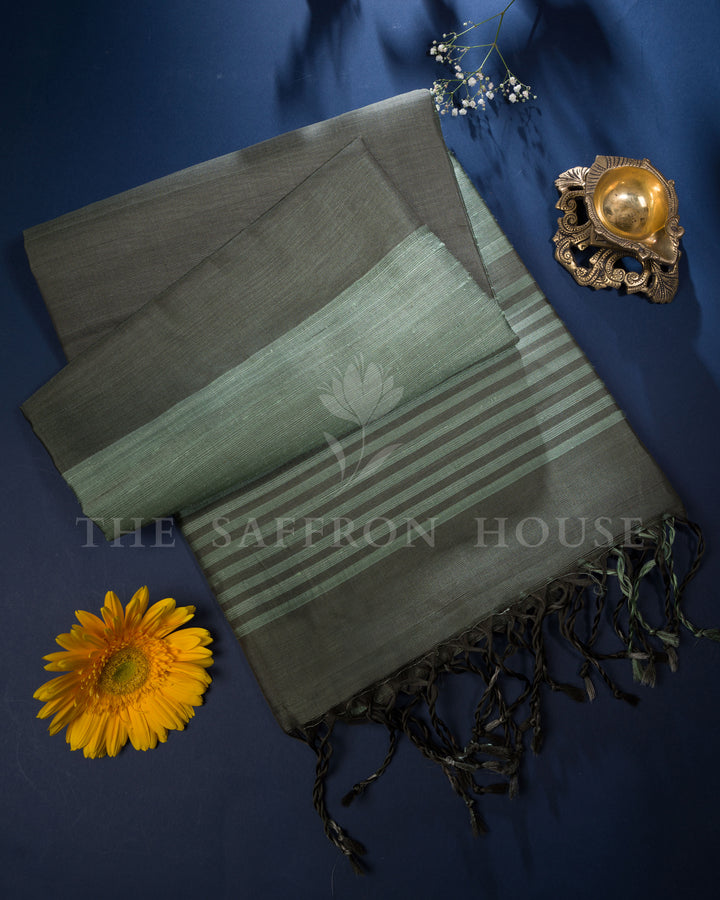 Handloom Soft Silk Saree in Charcoal Black And Sea Green - TSH6049