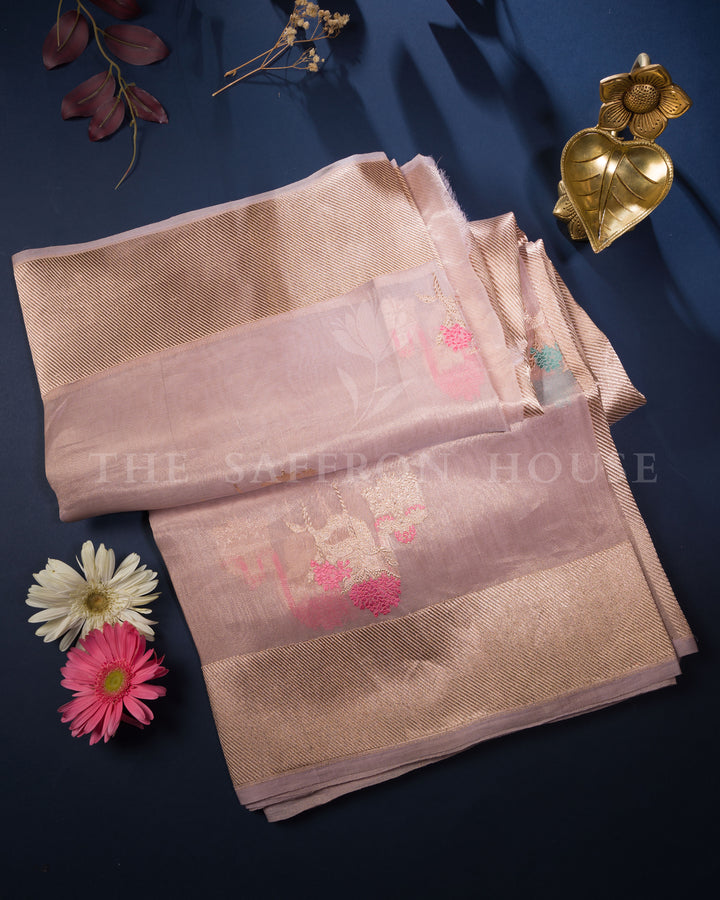 Pastel Lilac Kora Banarasi Saree with Multicolor Floral motifs and Zari Border