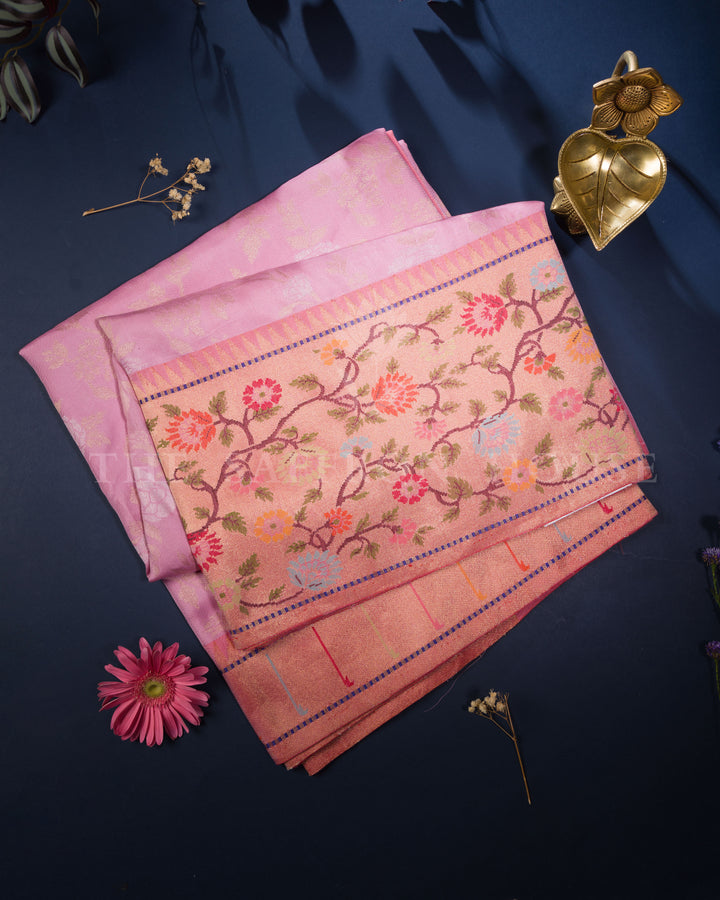 Peach Ektar Banarasi Saree with Multicolor Meenakari Cutwork Border