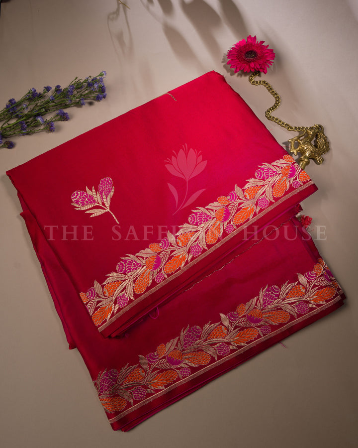 Ruby Red Velvet-Finish Mashru Banarasi Saree with Pashmina-Inspired Floral Border