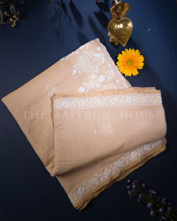 Beige Chikankari Muslin Cotton Saree with Hand Embroidered Floral Motifs and Sequins