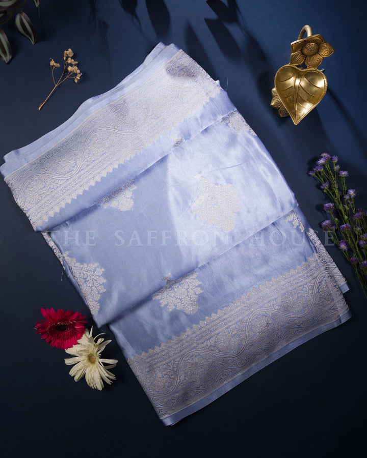 Sky Blue Mashru Banarasi Saree with Ivory Zari Floral Jaal and Vase Butas