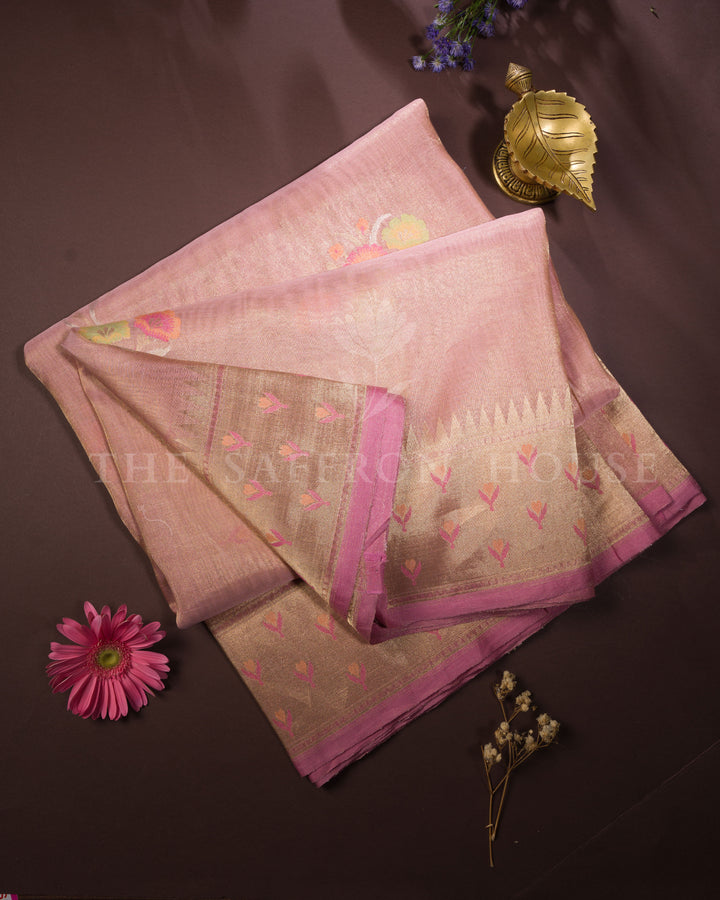 Dusty Rose Kora Banarasi Saree with Paithani-Inspired Border and Pastel Floral Motifs
