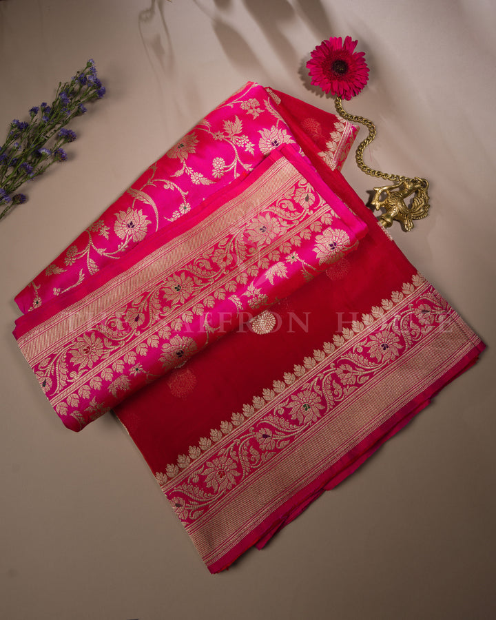 Half Kora Half Silk Banarasi Saree in Red and Rani Pink with Zari Paisley Border