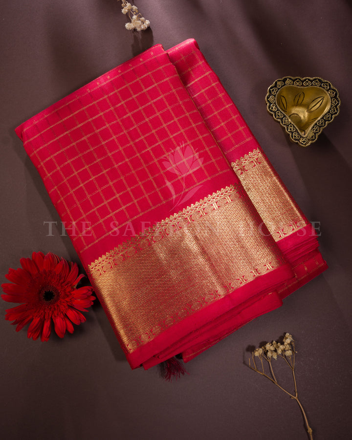Classic Red Checked Pure Kanchipuram Silk Saree with Gold Zari Border - TSH250115