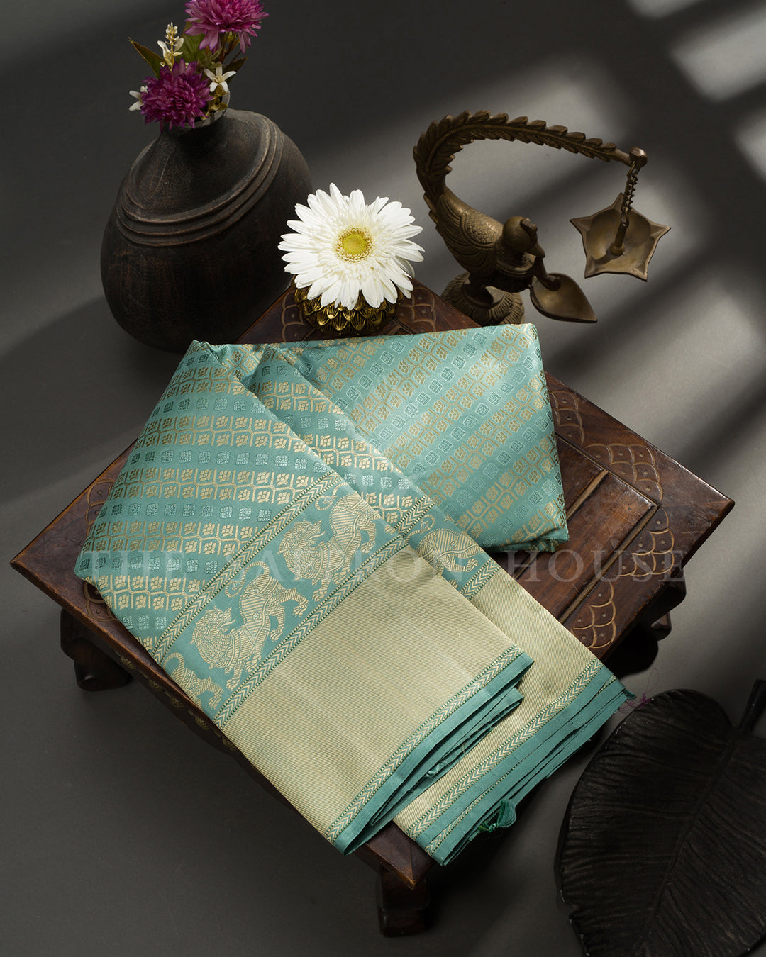 Sea Green Thread Work Kanchivaram Saree with Yali Motif Border