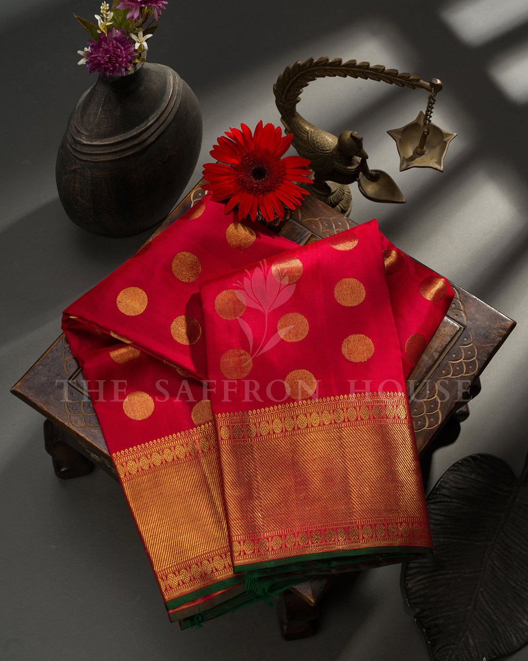 Red Kanchivaram Silk Saree with Gold Zari Buttas & Peacock Border