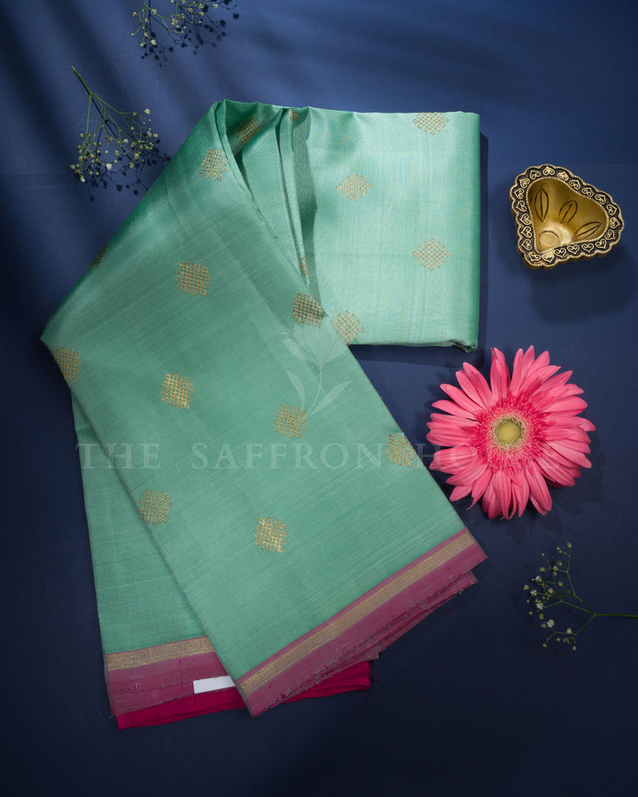 Pastel Mint Green And Pink Handwoven Kanjivaram Silk Saree - TSH2506232