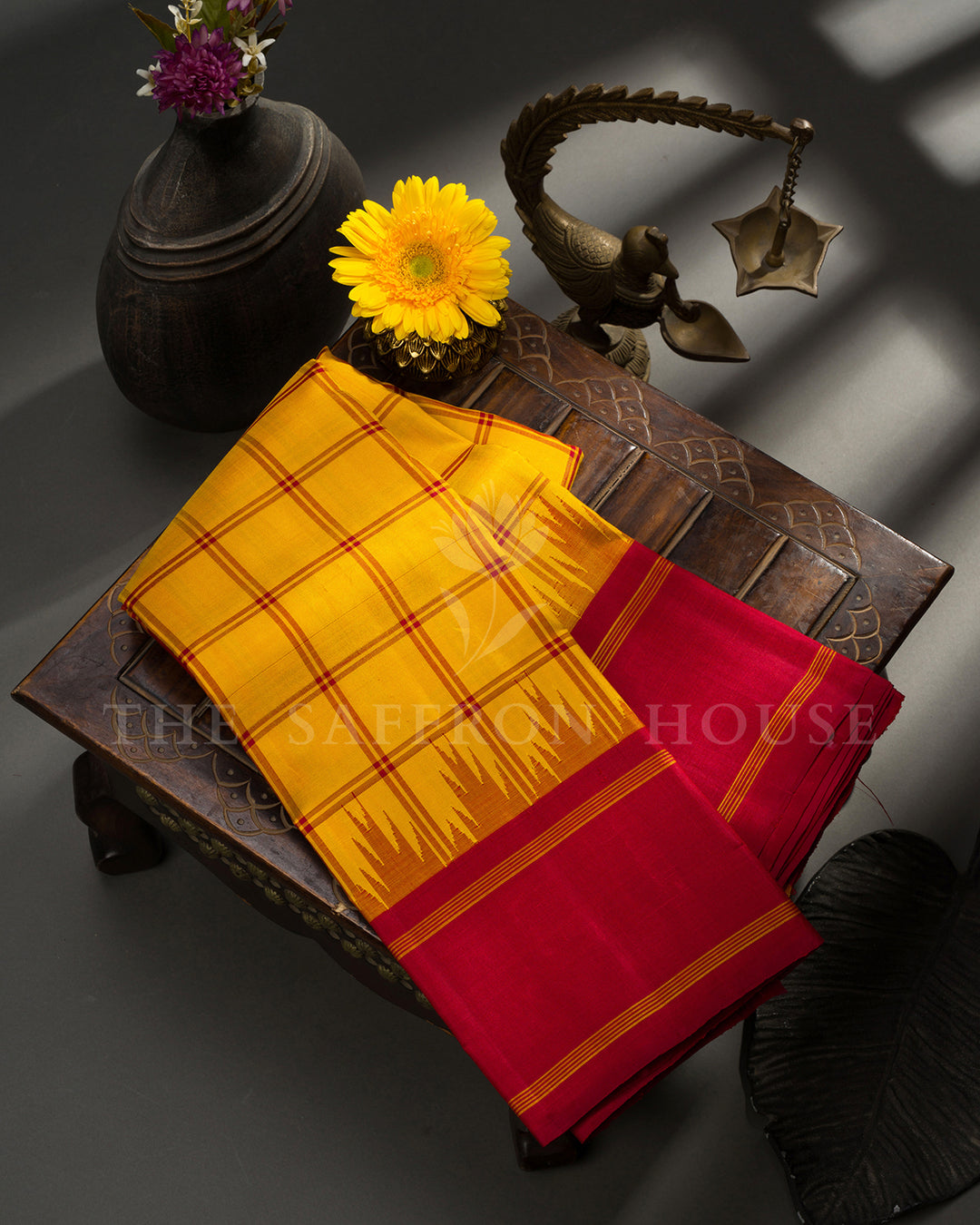 Yellow Kanchivaram Silk Saree with Red Korvai Border & Checked Body