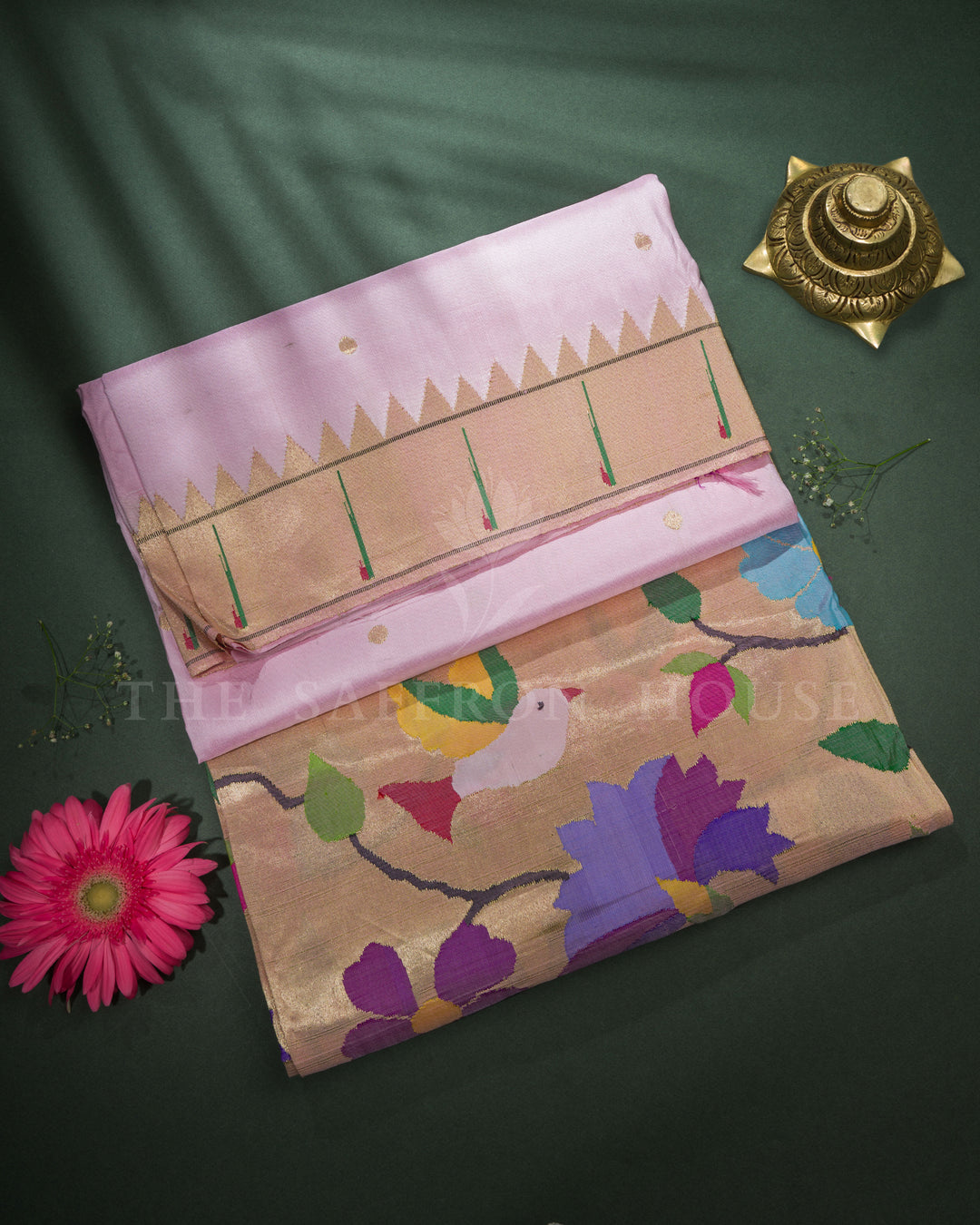 Baby Pink Handwoven Pure Zari Paithani Silk Saree - TSH2506335-view1