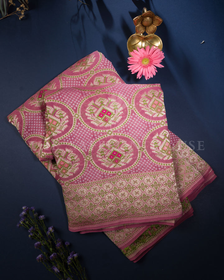 Rose Pink Kadwa Khaddi Georgette Saree with Meenakari Floral Medallions