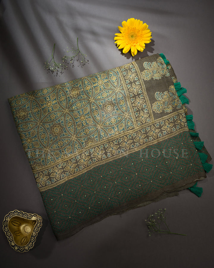 Olive Green Handwoven Tussar Silk Saree - TSH5023