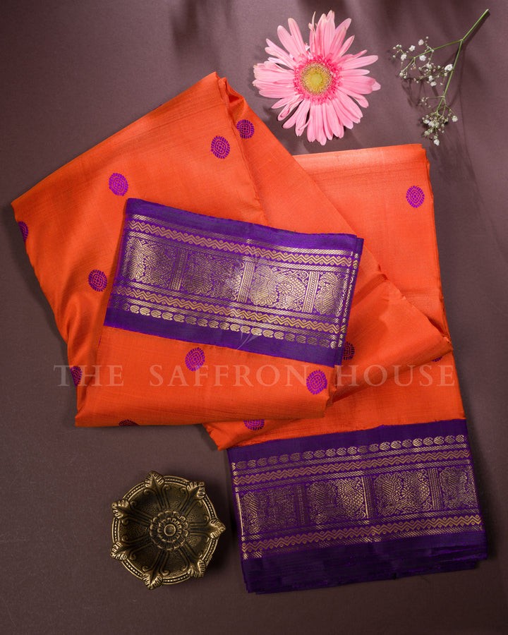 Handloom Pure  Kanjivaram Silk Saree in Fanta Orange And Purple - TSH250038