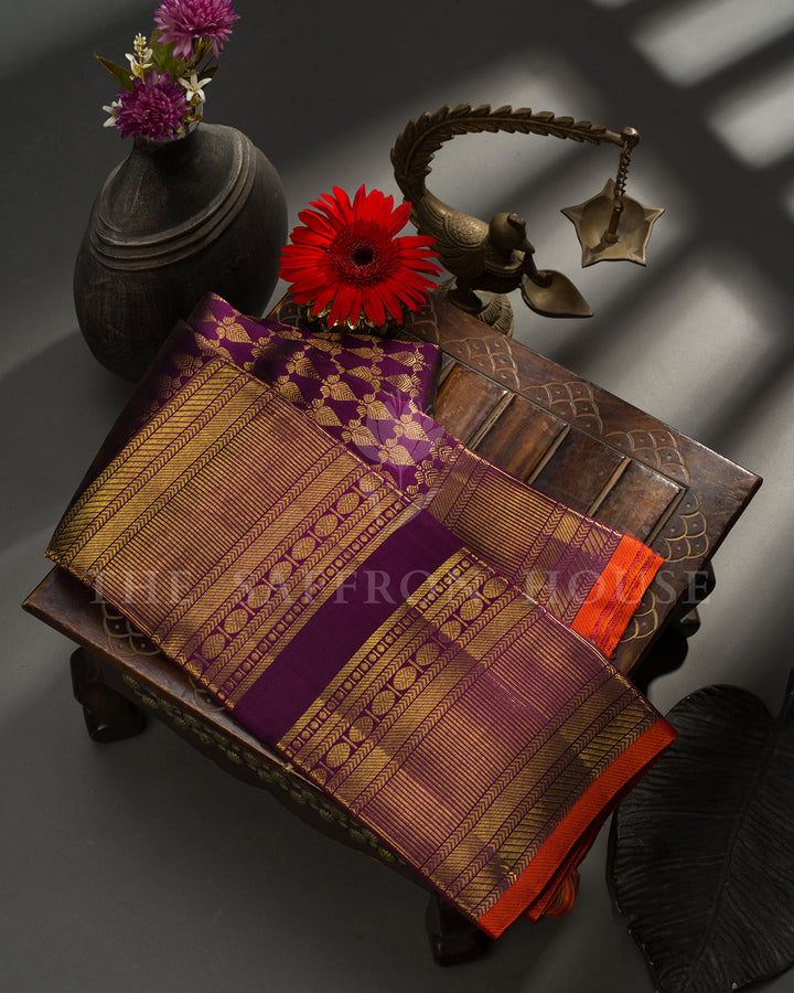 Purple Kanchivaram Silk Saree with Gold Leaf Weave & Orange Contrast Border