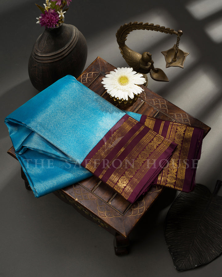 Sky Blue Kanchivaram Silk Saree with Burgundy Gold Zari Border