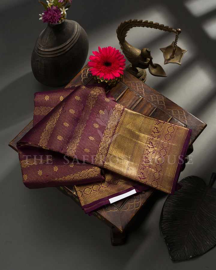 Purple Kanchivaram Silk Saree with Gold Zari Peacock Border