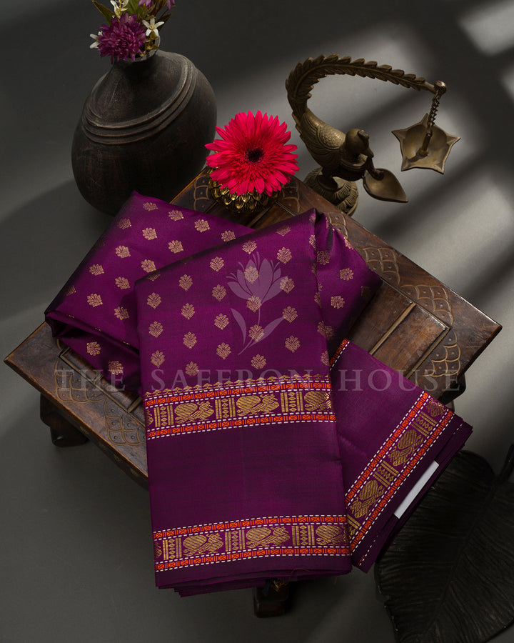 Purple Kanchivaram Silk Saree with Multicolor Zari Border