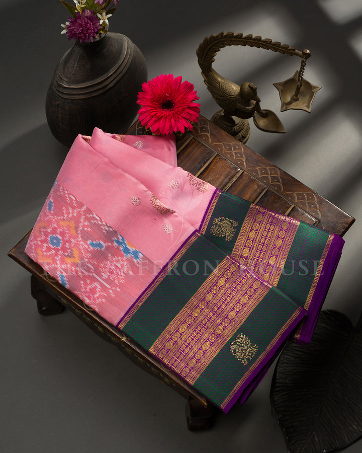 Pink Ikat Print Kanchivaram Silk Saree with Green Zari Peacock Border