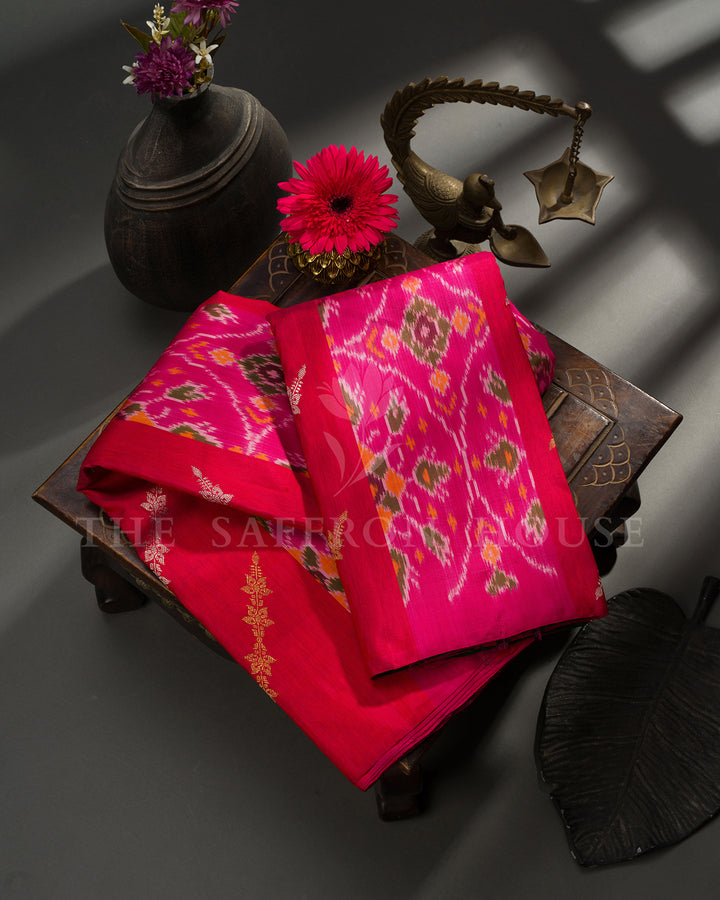 Pink & Red Ikat Print Kanchivaram Silk Saree with Green Zari Pallu