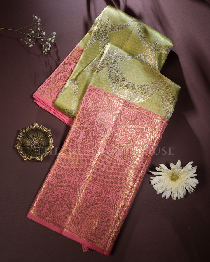 Pure Zari  Kanjivaram Silk Saree in Light Parrot Green and Peach - TSH250049