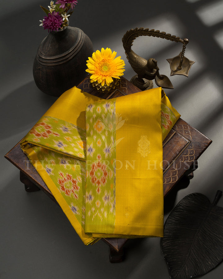 Green & Yellow Ikat Print Kanchivaram Borderless Silk Saree