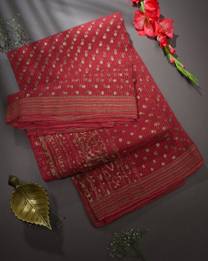 Pink Handwoven Tussar Organza Saree With Golden Zari Stripes - TSH2506076-view1