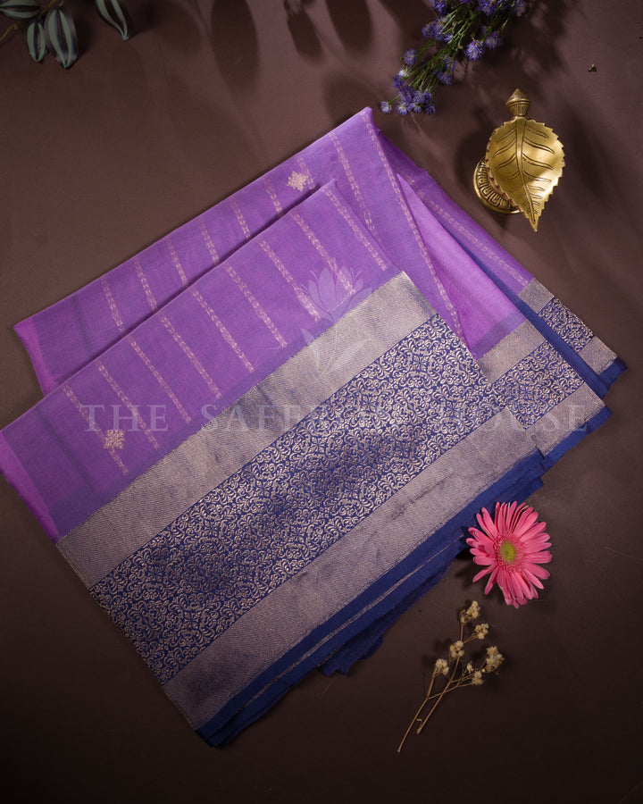 Violet Kadwa Banarasi Kora Organza Saree with Navy Meenakari Brocade Border
