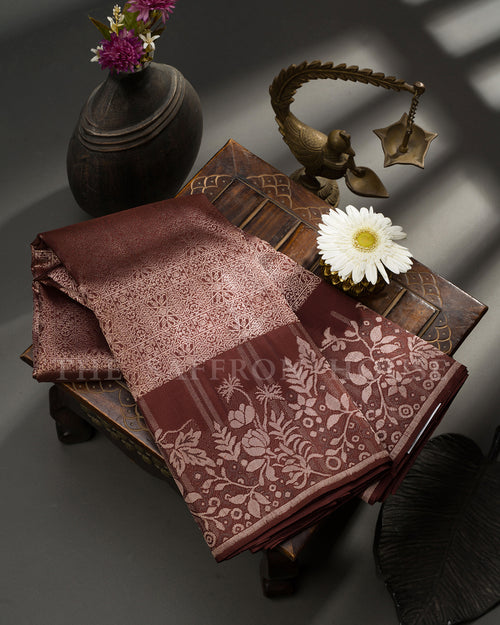 Maroon Kanchivaram Silk Saree with Silver Zari Diamond Jaal Weave & Floral Vine Border