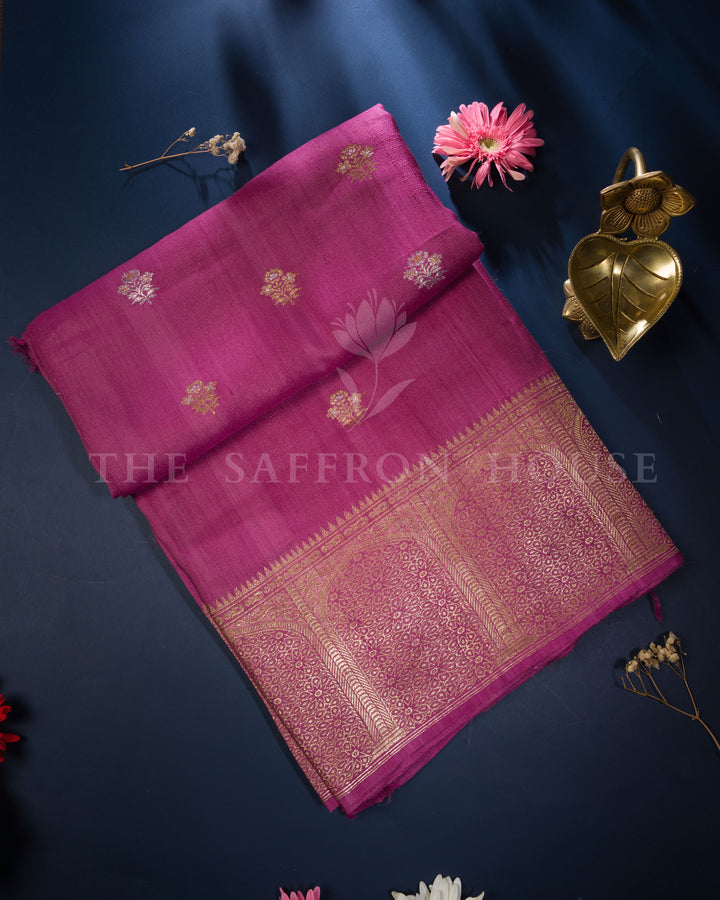 Magenta Banarasi Tussar Georgette Saree with Floral Jaal & Minar Border – Handwoven Zari Elegance
