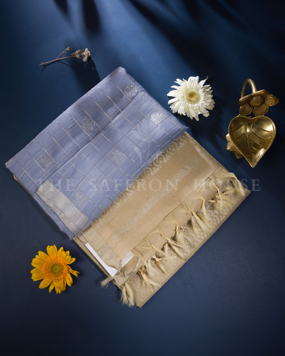 Powder Blue Tussar Soft Silk Saree with Zari Checks & Gold Border - TSH6061