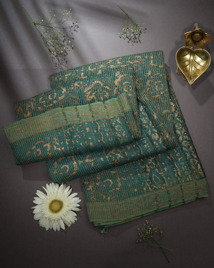 Light Sea Green Handwoven Tussar Organza Saree With Golden Zari Stripes - TSH2506073-view1