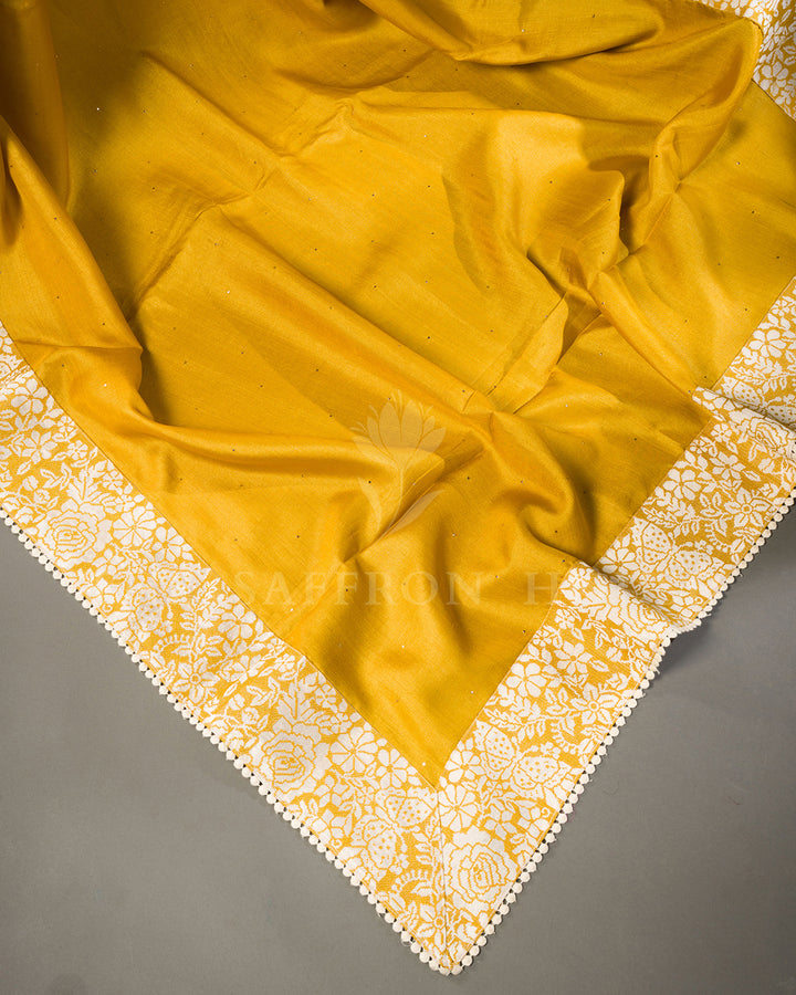 Mustard Yellow Tussar Silk Saree with Floral Embroidery