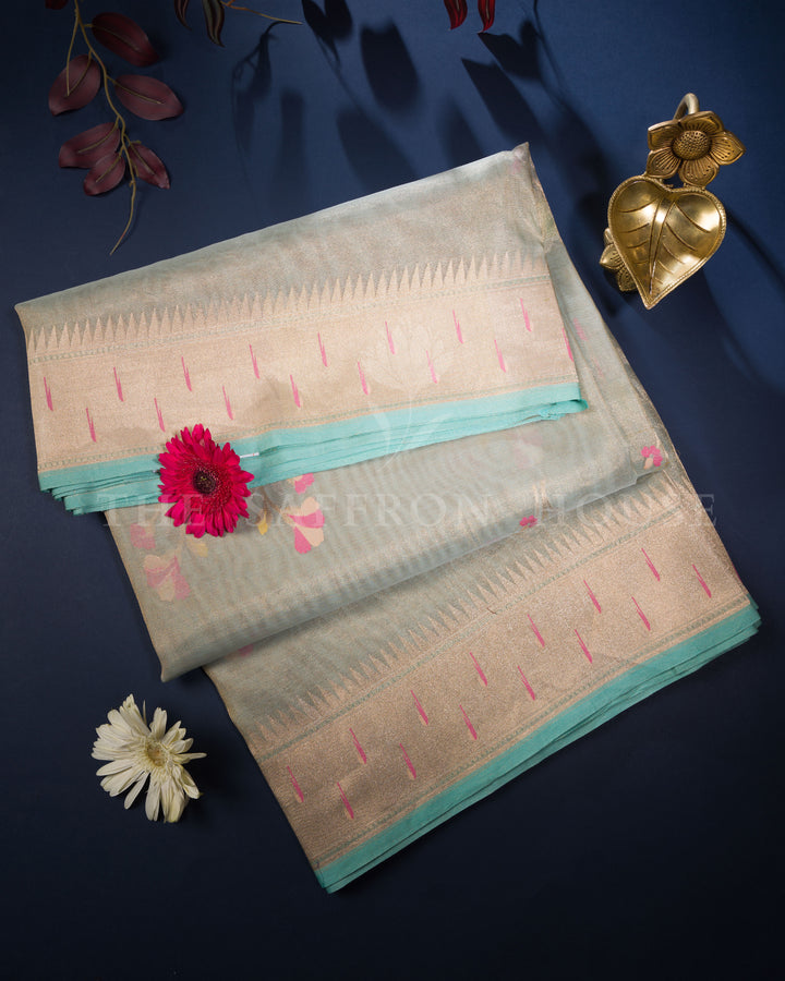 Pista Green Banarasi Saree with Paithani-Inspired Border and Pastel Floral Motifs - TSH250528