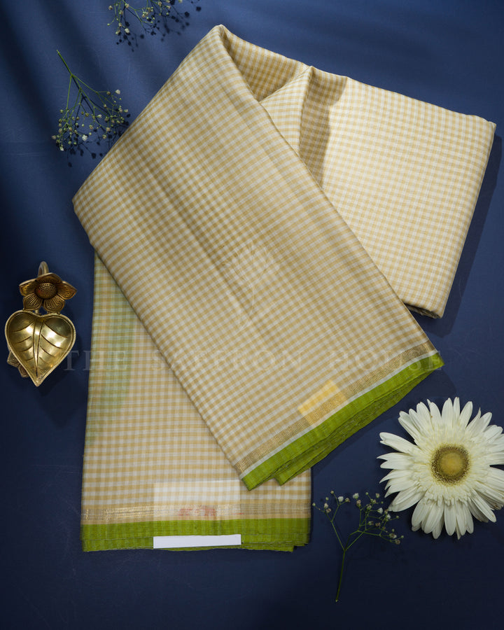 Beige Checkered Parrot Green Handwoven Kanjivaram Silk Saree - TSH2506230