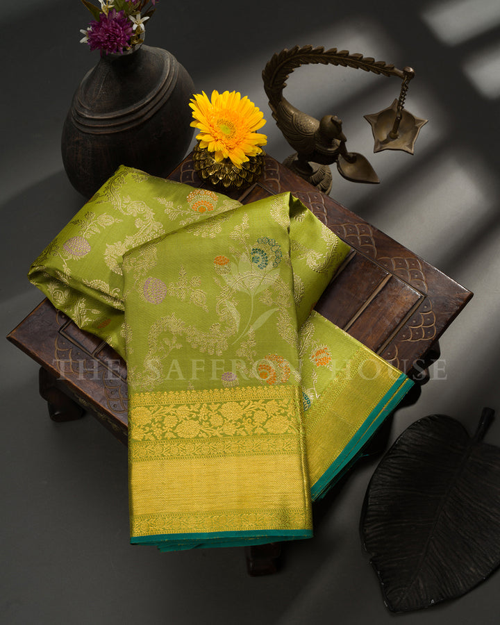 Lime Green Kanchivaram Silk Saree with Multicolor Meenakari Floral Vine Weave & Gold Zari Border